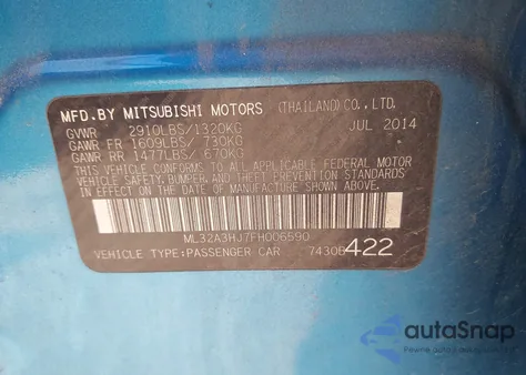 2015 Mitsubishi Mirage De/Rf из США, поврежденный, VIN ML32A3HJ7FH006590